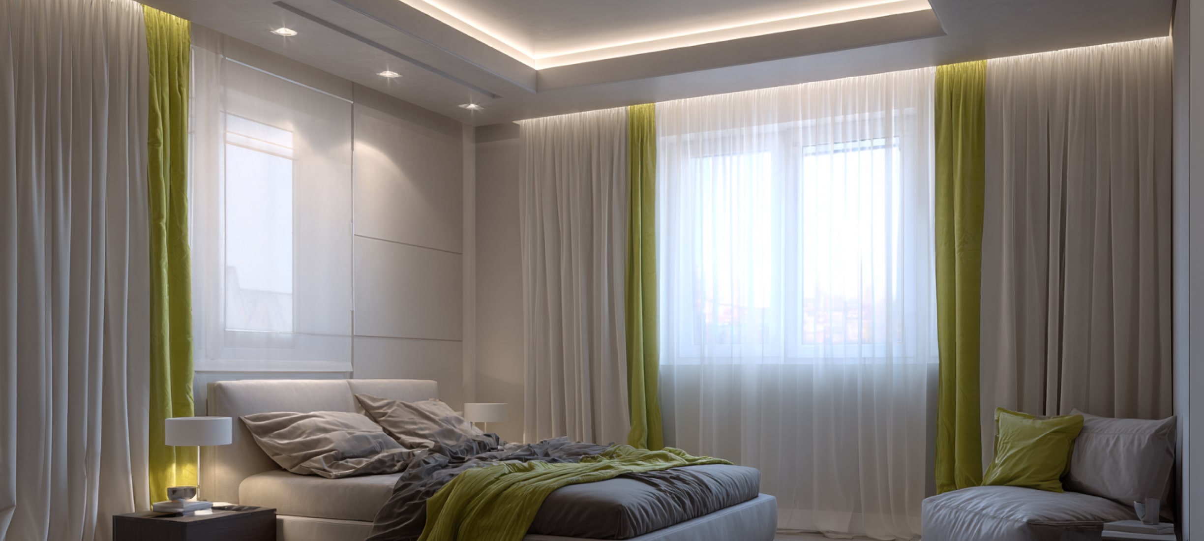 Дизайн натяжного потолка в спальне: примеры с фото