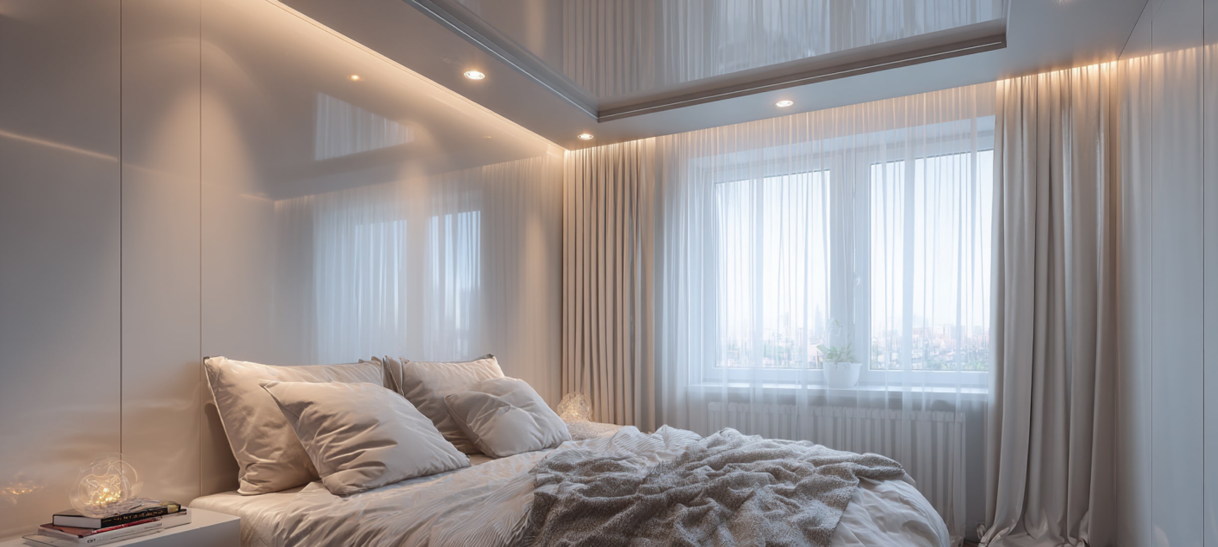 Дизайн натяжного потолка в спальне: примеры с фото