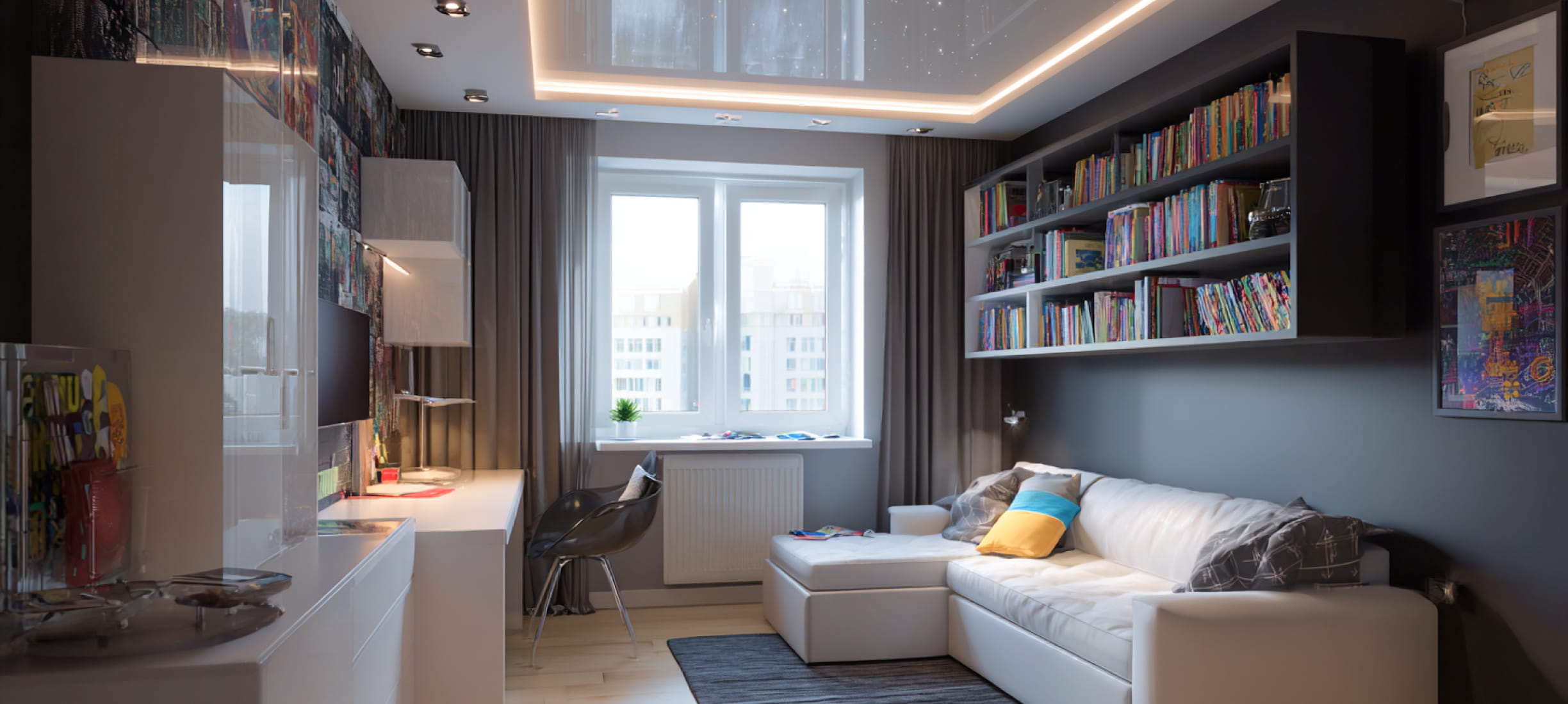 Глянцевый парящий натяжной потолок в кабинете