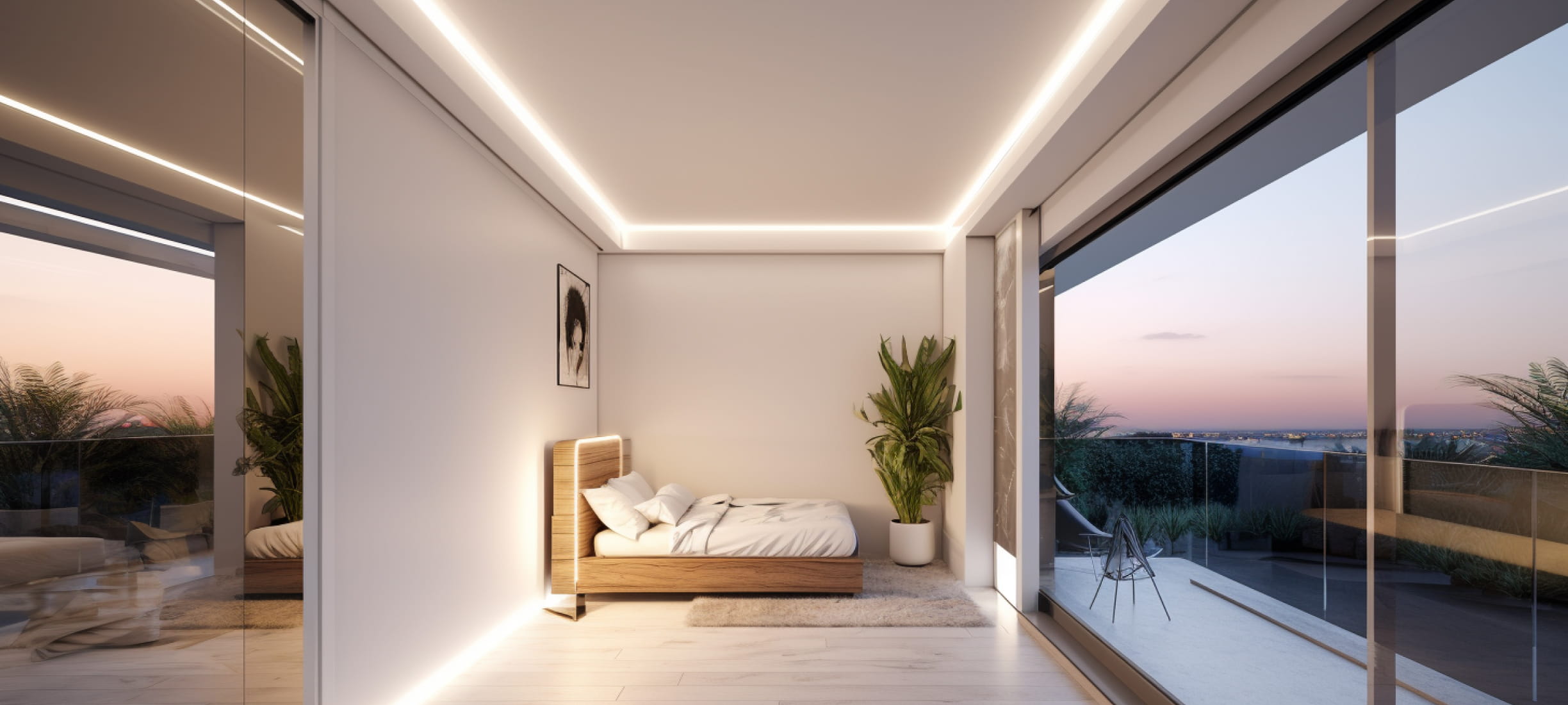 Парящий натяжной потолок в спальне с панорамными окнами