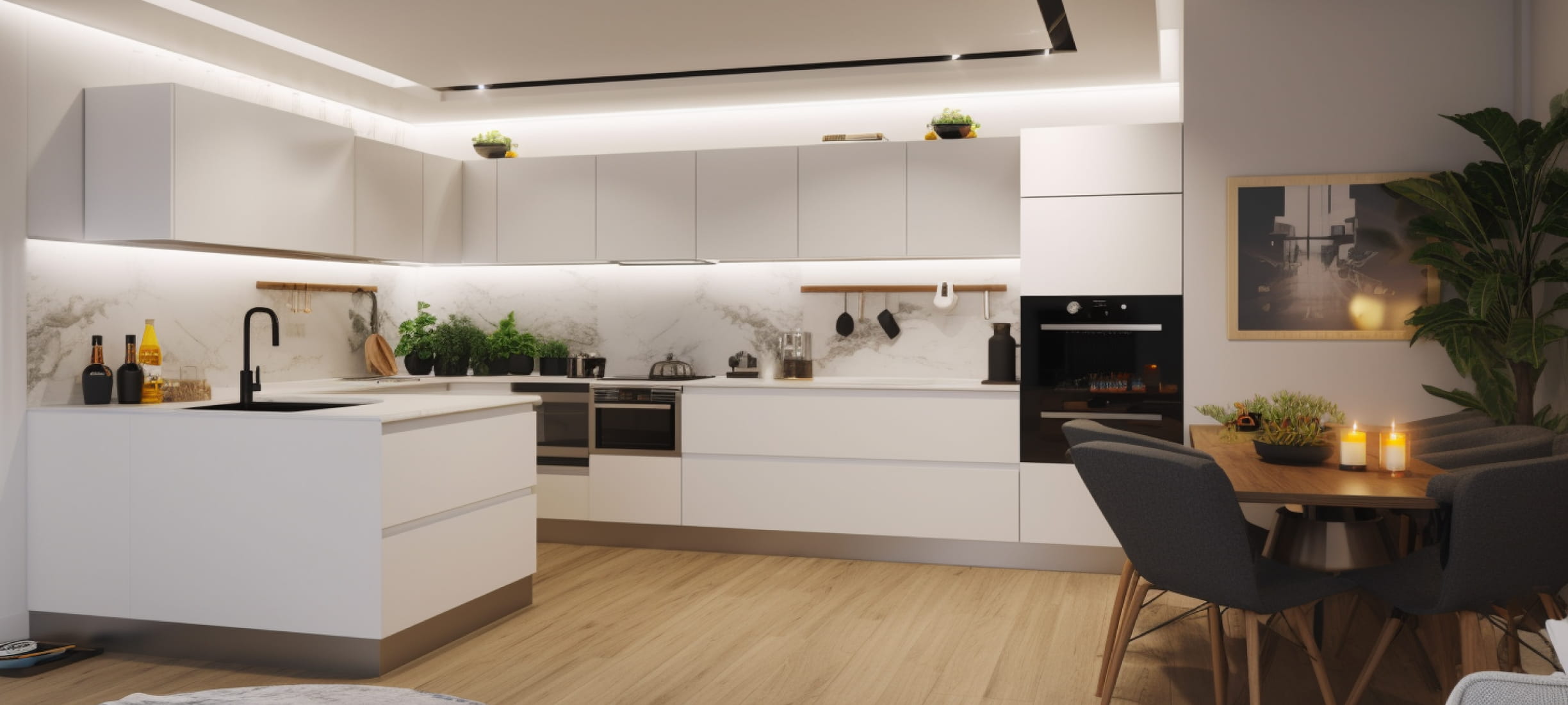 Парящий натяжной потолок на кухне