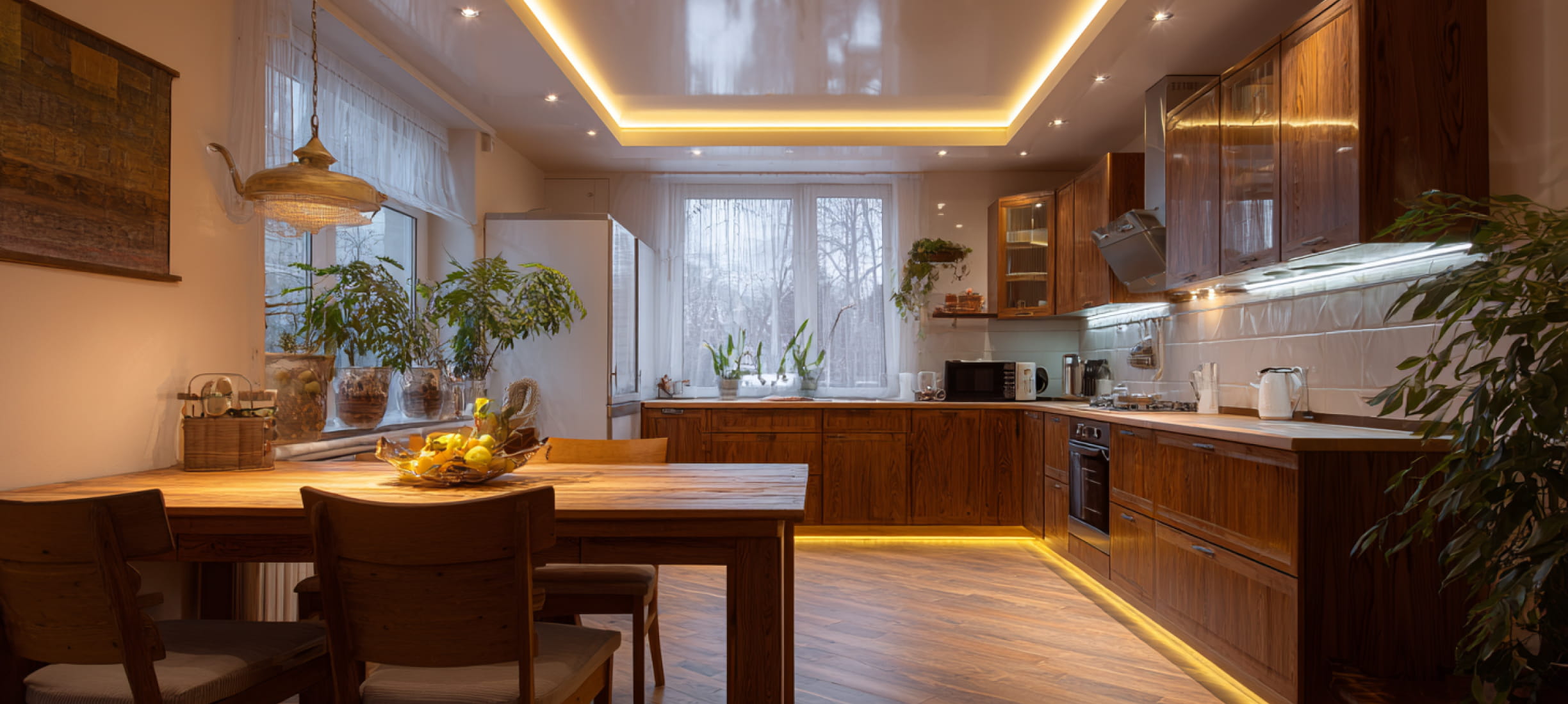 Двухуровневый парящий натяжной потолок с точечными светильниками на кухне