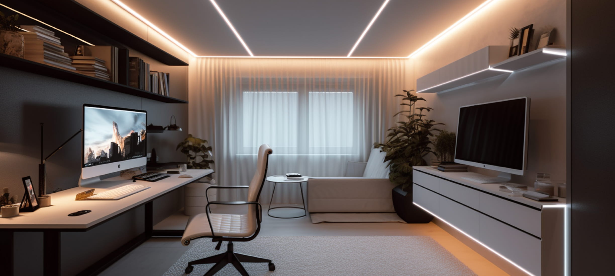 Парящий натяжной потолок со световыми линиями в квартире