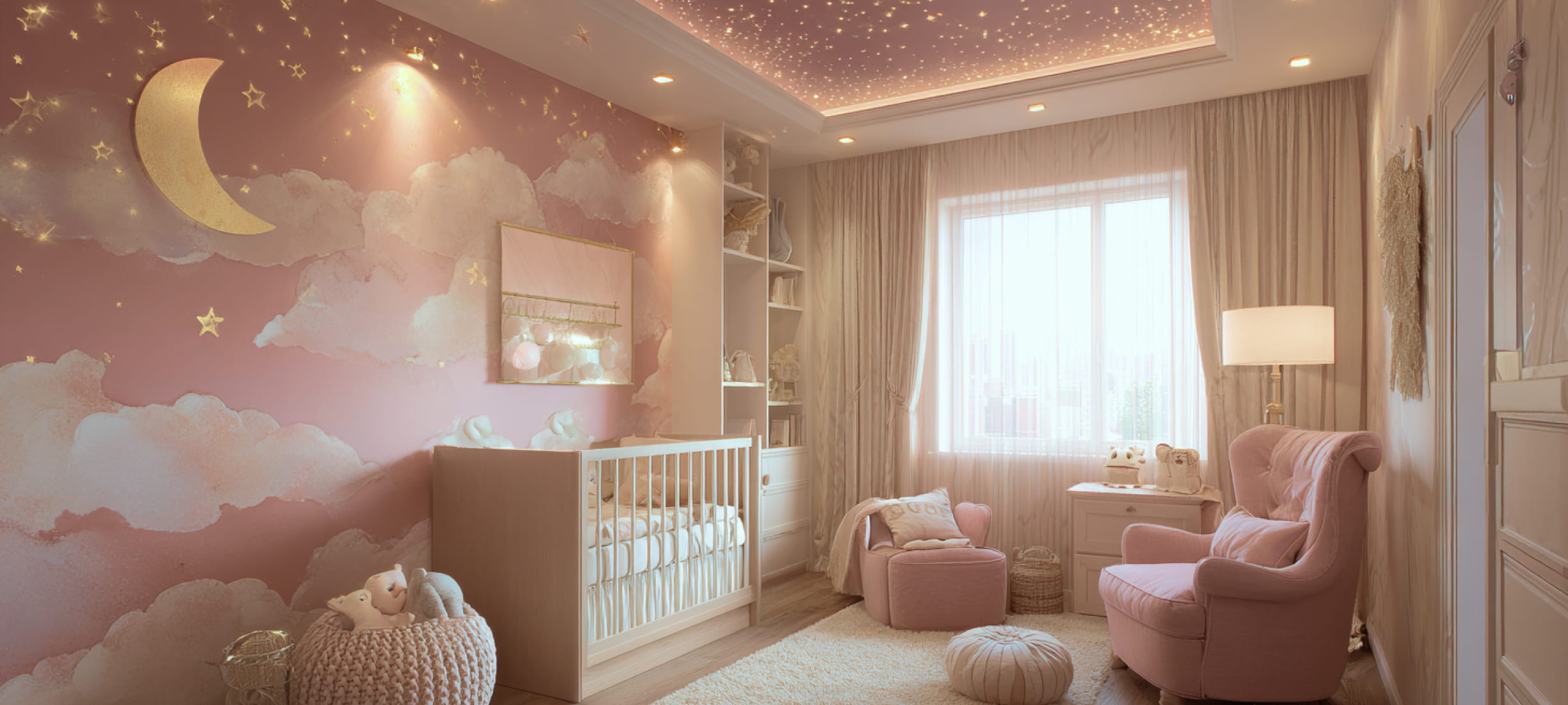 Светлый парящий потолок со звёздной подсветкой в детской комнате