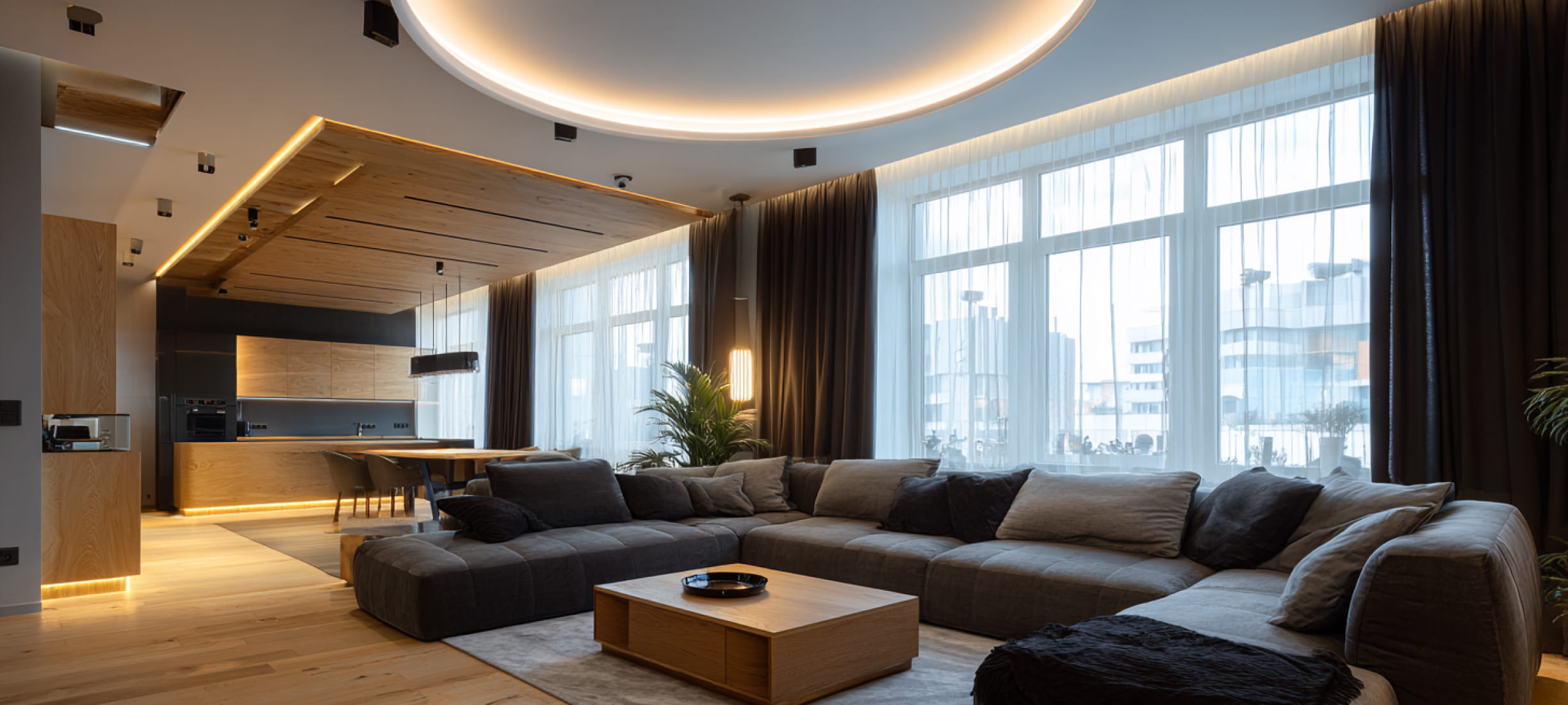 Парящий натяжной потолок в гостиной