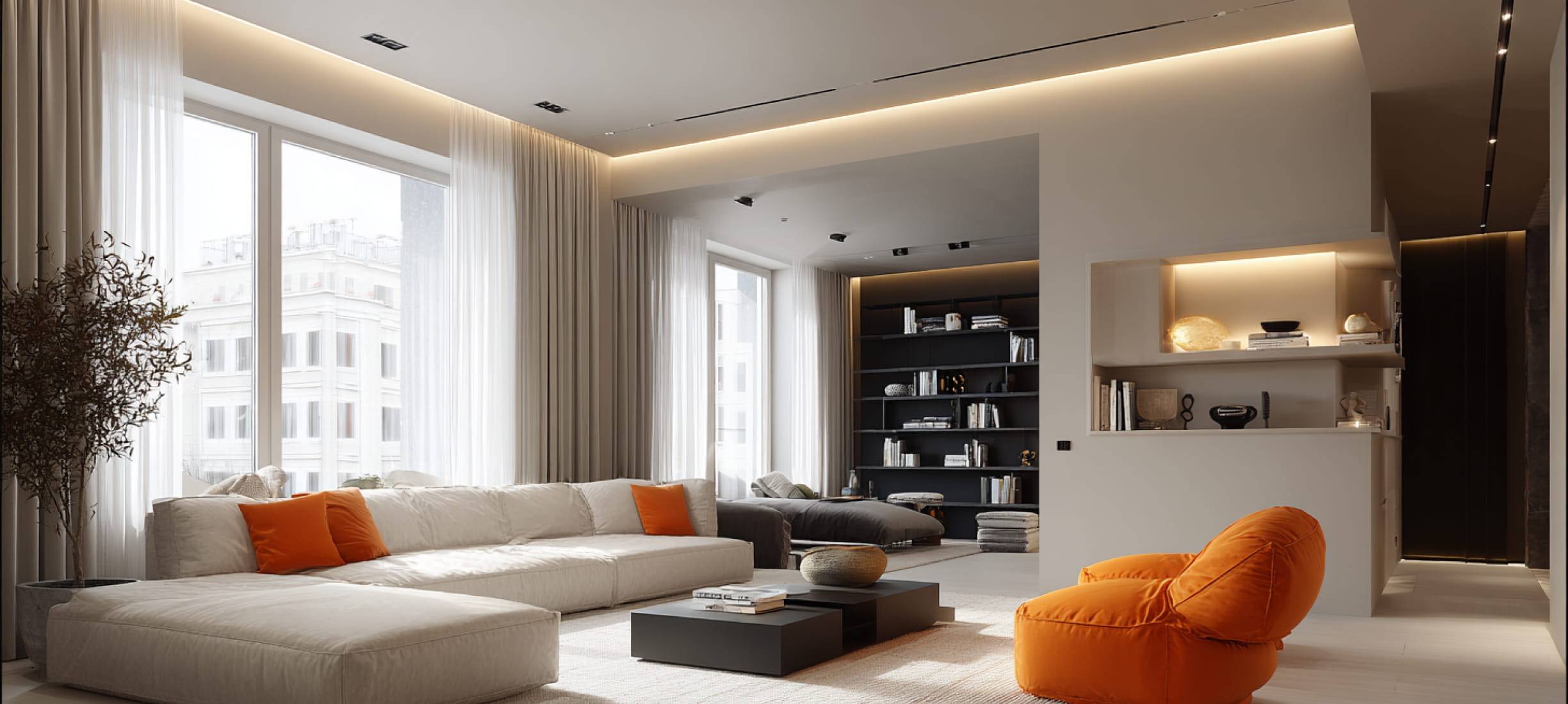 Белый парящий натяжной потолок в студии