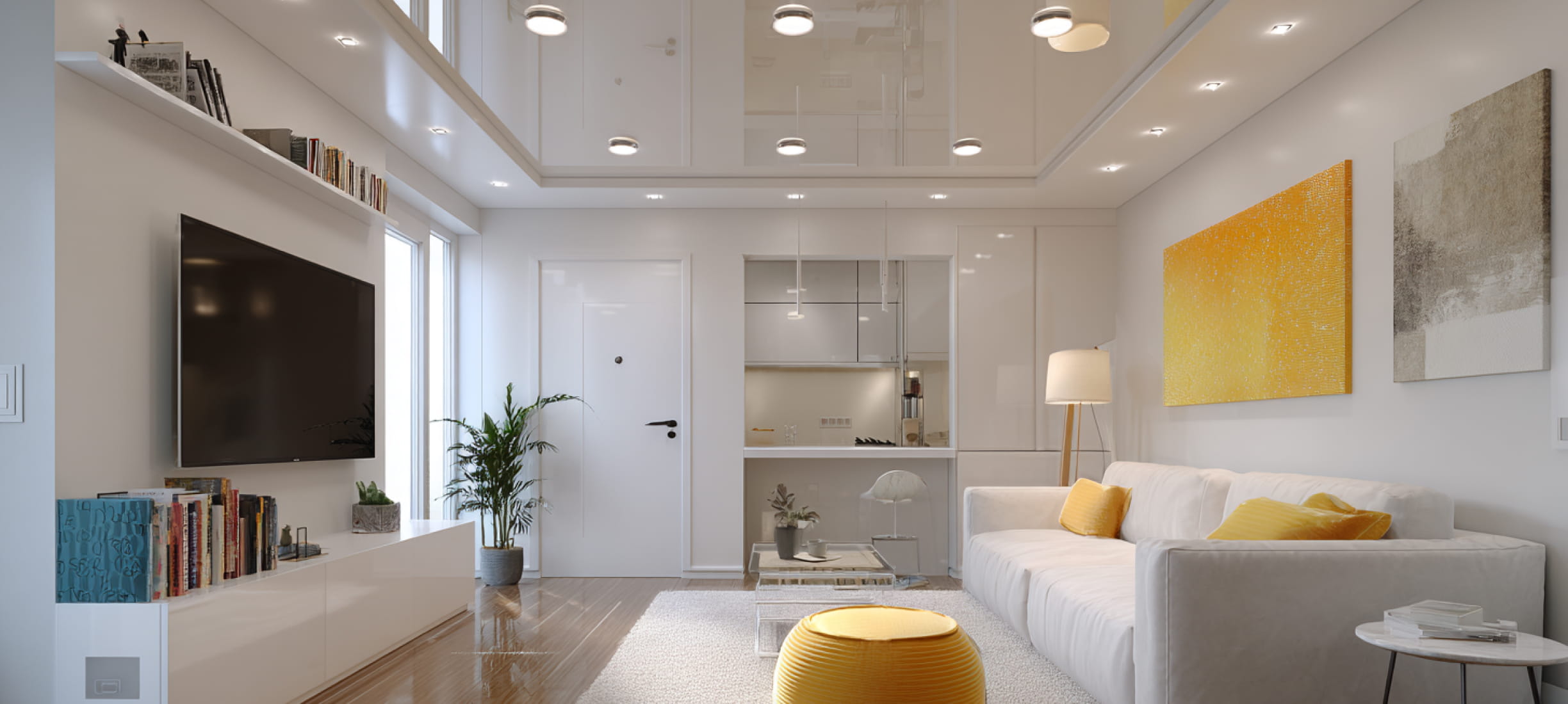 Глянцевые потолки с точечными светильниками в гостиной комнате