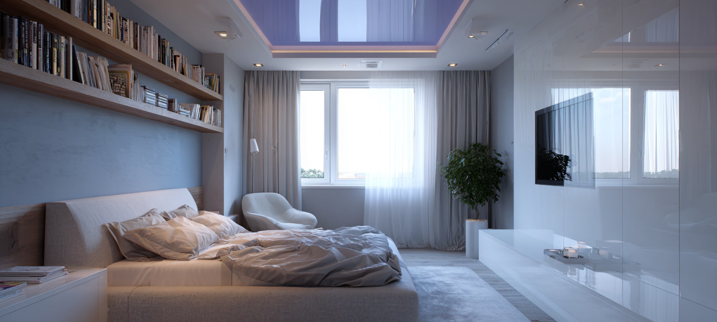 Дизайн натяжного потолка в спальне: примеры с фото