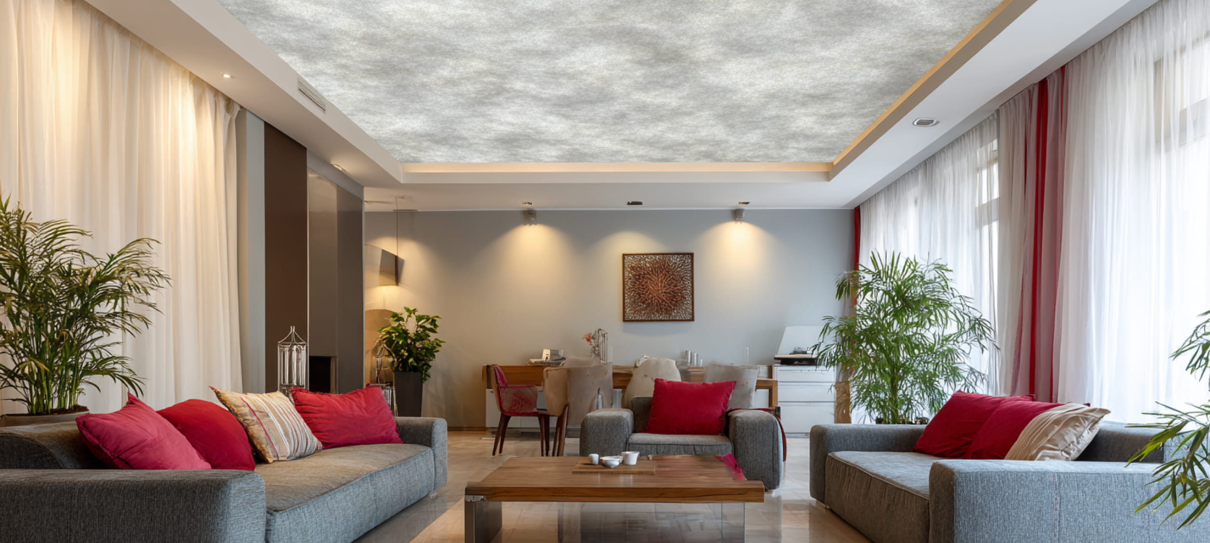 Двухуровневый натяжной потолок с тканевым полотном